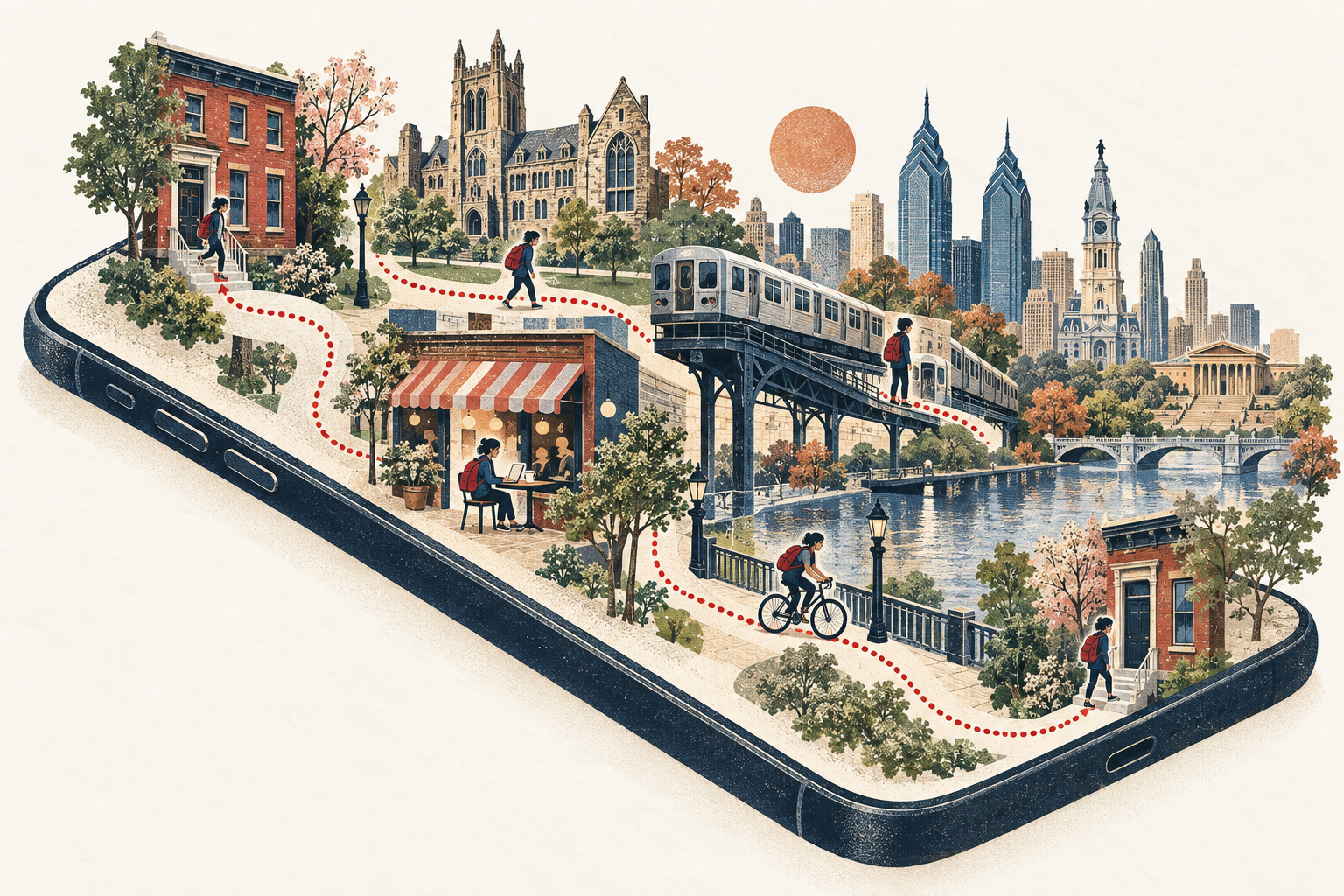 A miniature Philadelphia unfolds from a phone, with a looping route connecting home, campus, coffee, cycling and the subway.