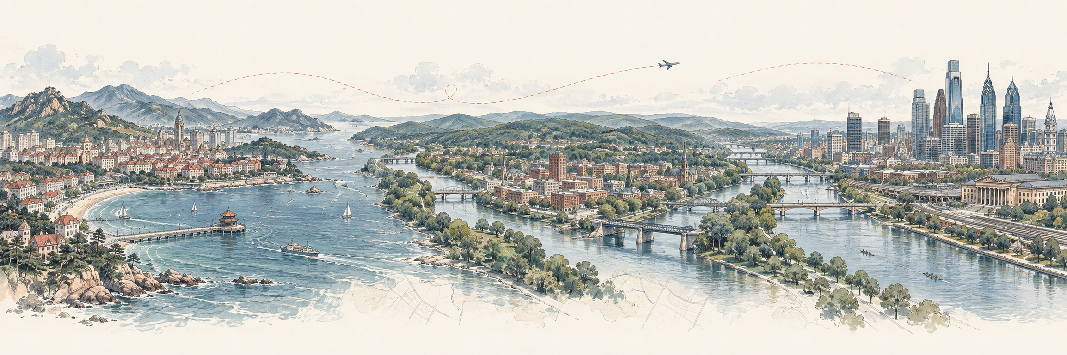 An imagined continuous landscape: Qingdao’s mountainous coast flows into Binghamton’s river confluence and bridges, then the Schuylkill and Philadelphia skyline.