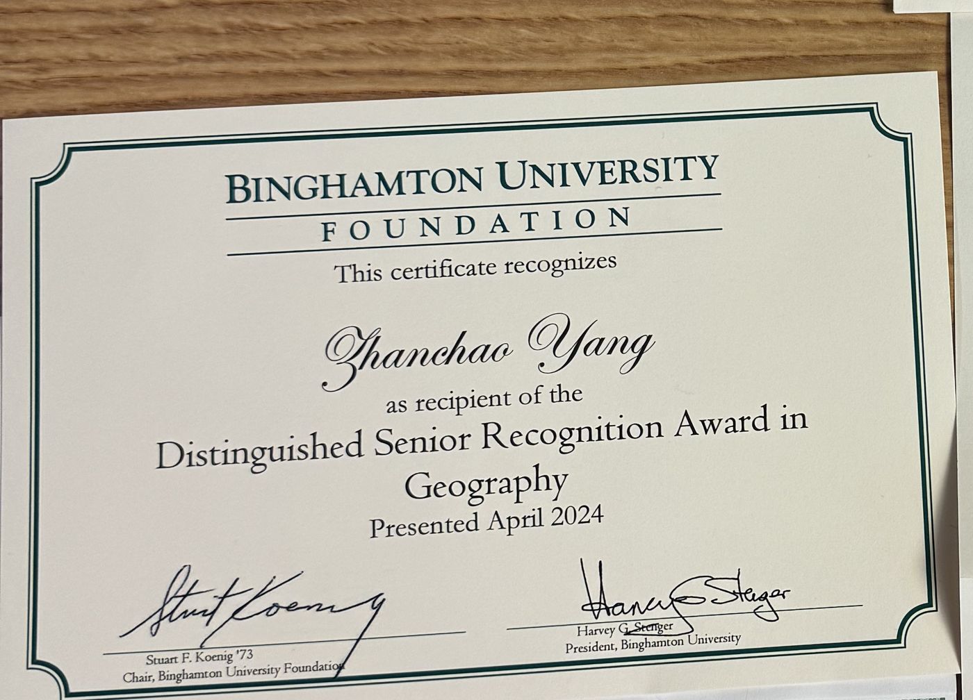 Binghamton University Foundation certificate recognizing Zhanchao Yang as recipient of the Distinguished Senior Recognition Award in Geography, presented April 2024