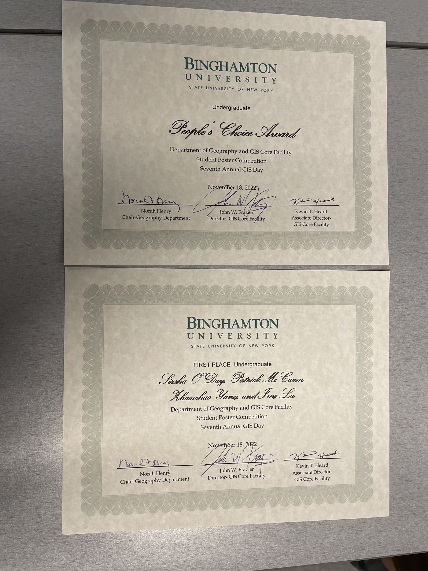 People's Choice Award and First Place undergraduate certificates from the Seventh Annual GIS Day student poster competition, Binghamton University, November 18, 2022
