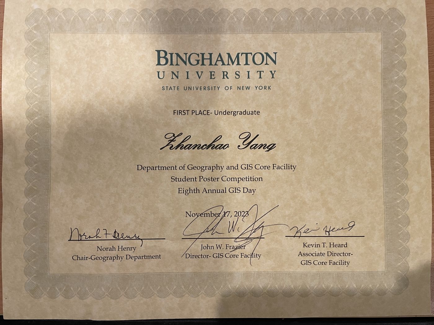 First Place undergraduate certificate, Student Poster Competition, Eighth Annual GIS Day, Binghamton University, November 17, 2023