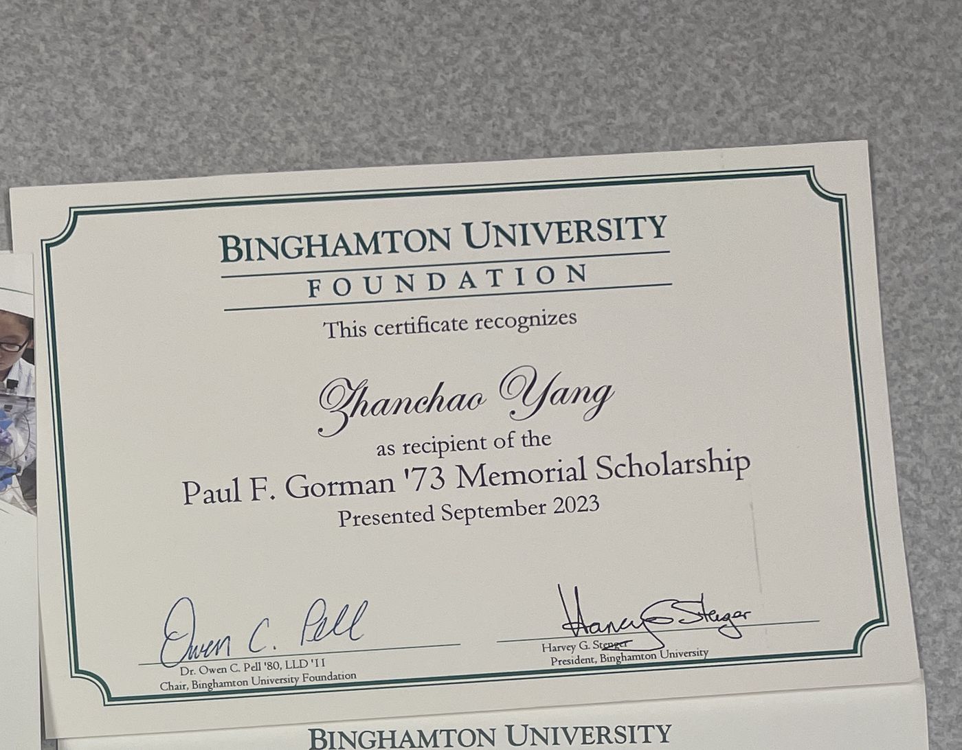 Binghamton University Foundation certificate recognizing Zhanchao Yang as recipient of the Paul F. Gorman '73 Memorial Scholarship, presented September 2023