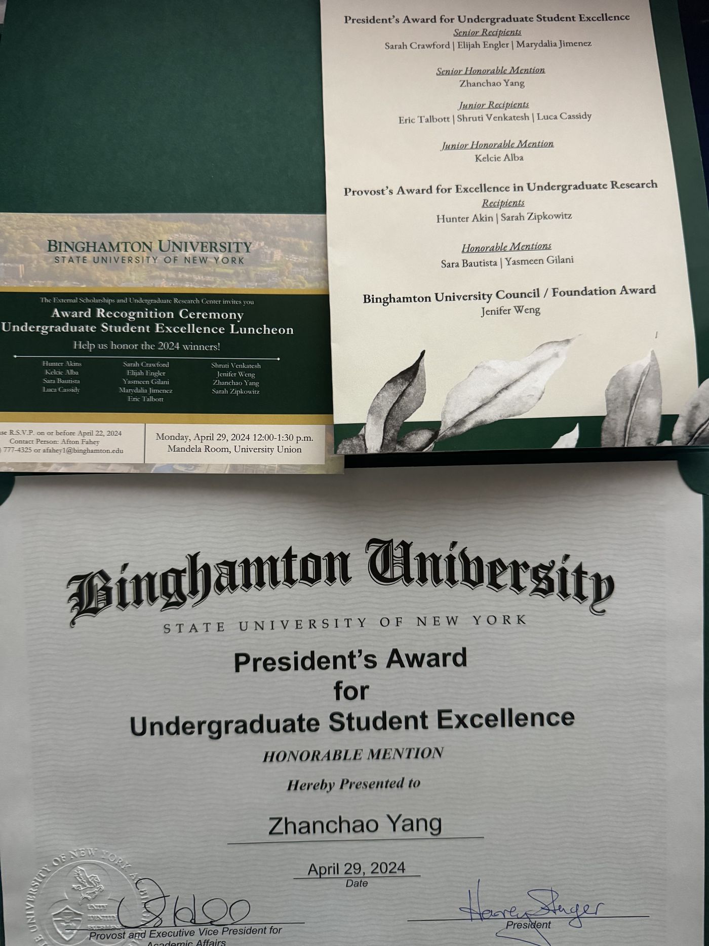 President's Award for Undergraduate Student Excellence honorable mention certificate and ceremony program, Binghamton University, April 29, 2024