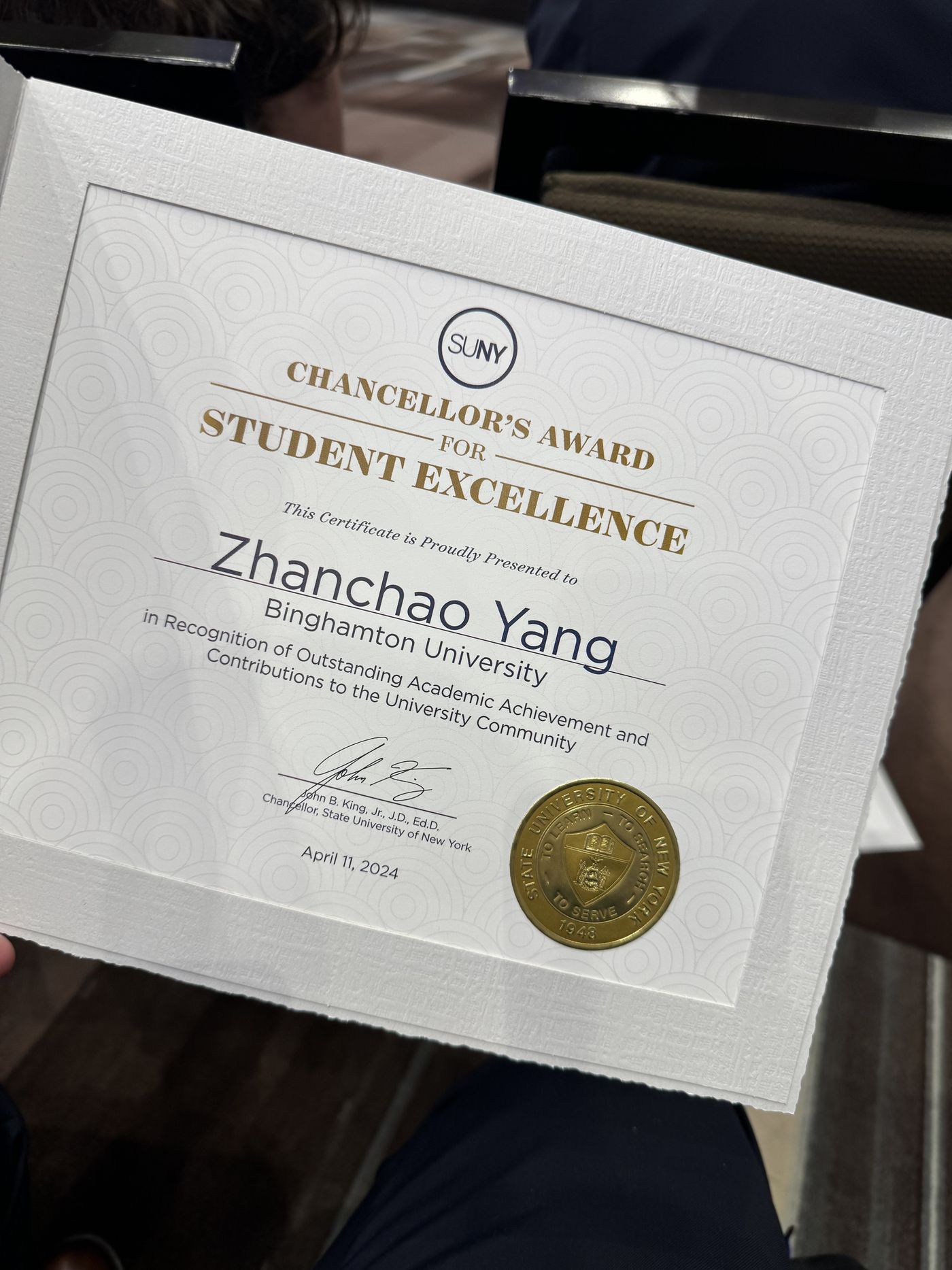 SUNY Chancellor's Award for Student Excellence certificate presented to Zhanchao Yang, Binghamton University, April 11, 2024