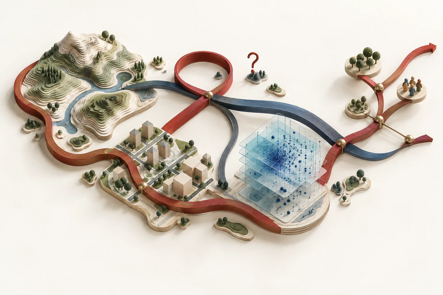 A sculptural academic route: a red ribbon loops through topographic terrain, a planning model, blue spatial data layers, and branching paths for research and teaching. A question mark marks a detour.
