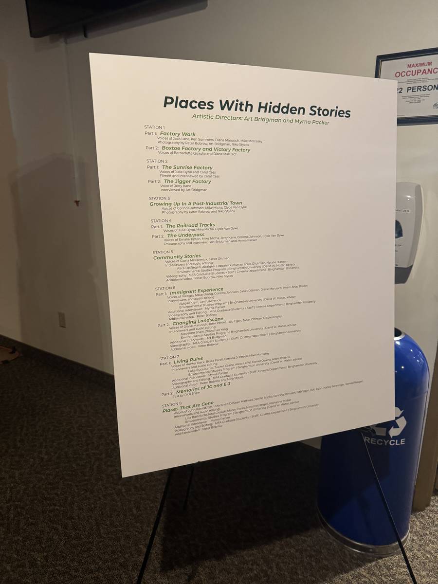 A large printed board on an easel listing all eight stations of Places with Hidden Stories, with the residents and students credited for each part.