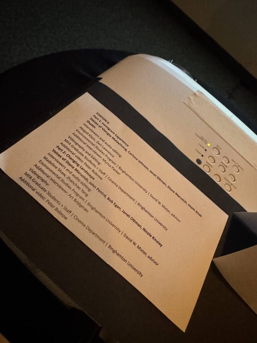 A printed credit sheet for Station 6 resting beside a projector, listing the voices and the interviewers including Zhanchao Yang.