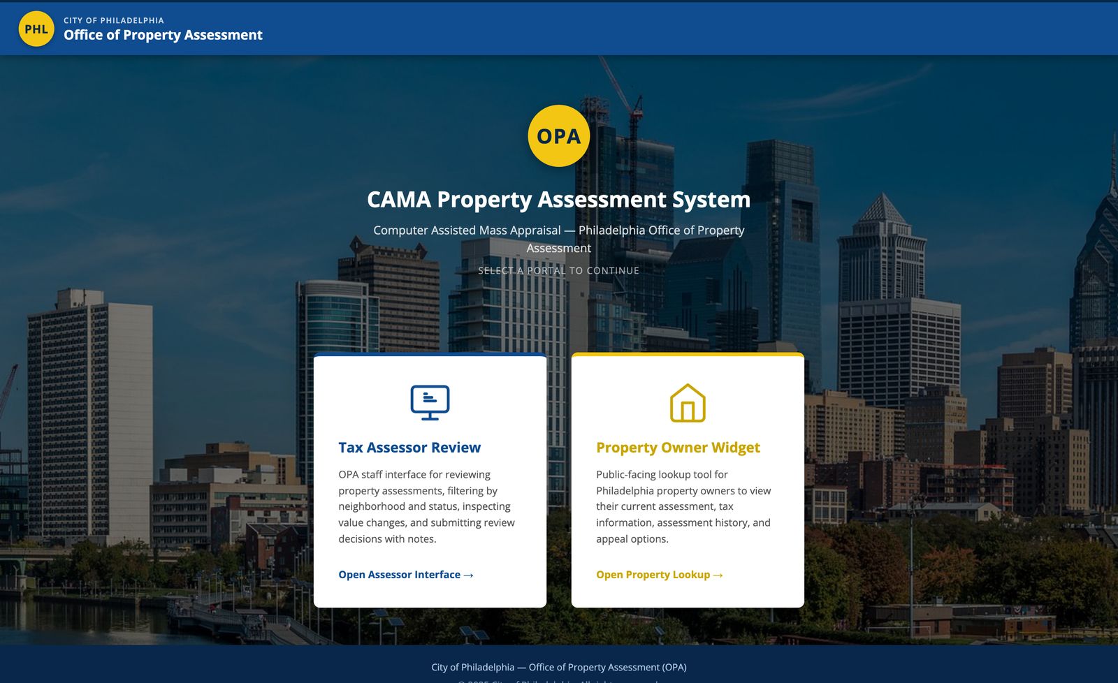 CAMA Property Assessment System landing page offering two portals: a Tax Assessor Review interface for OPA staff and a public Property Owner Widget.