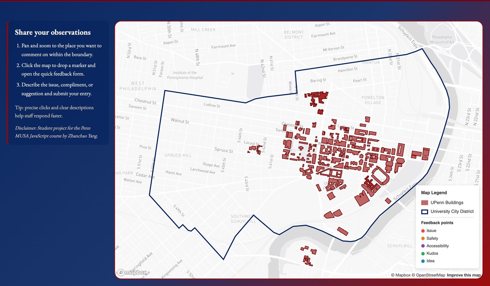 Anchor Institution Engagement Tool showing a map of the University City District boundary and Penn buildings beside instructions for dropping a feedback marker.