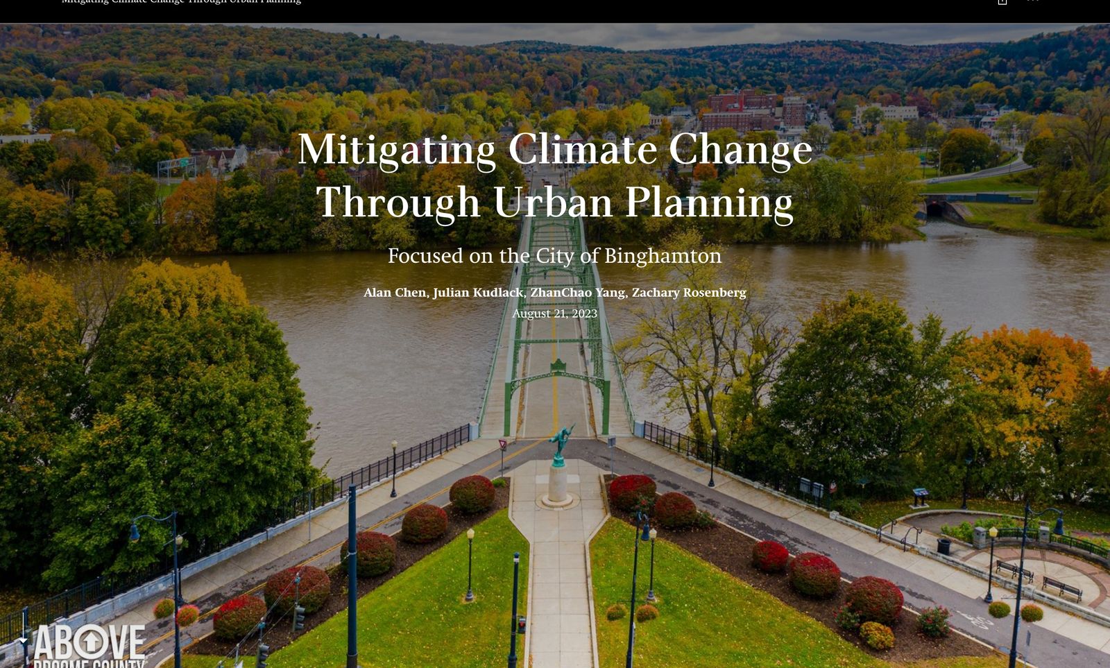 Opening panel of the Mitigating Climate Change Through Urban Planning StoryMap, showing an aerial view of the pedestrian bridge over the Susquehanna River in Binghamton, New York.