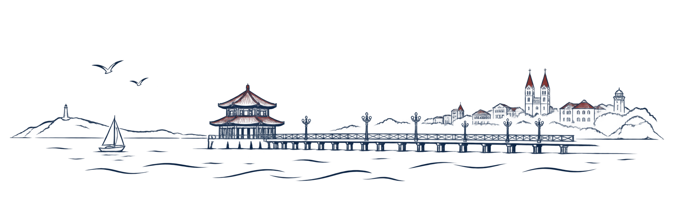 Qingdao, my hometown — a sketch of Zhanqiao Pier and the seafront.
