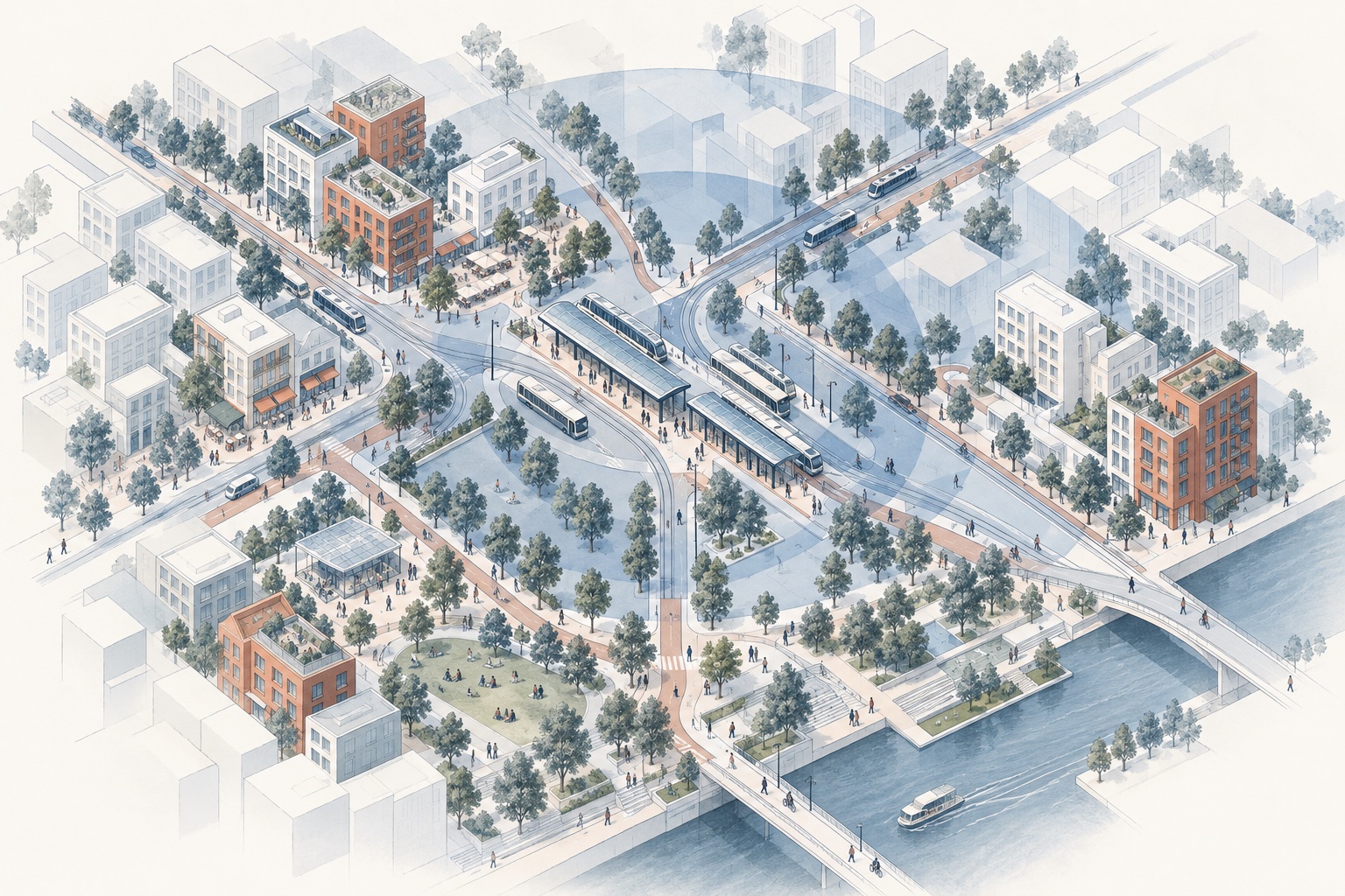Transit interchange connecting neighborhoods, public spaces, and urban activity.