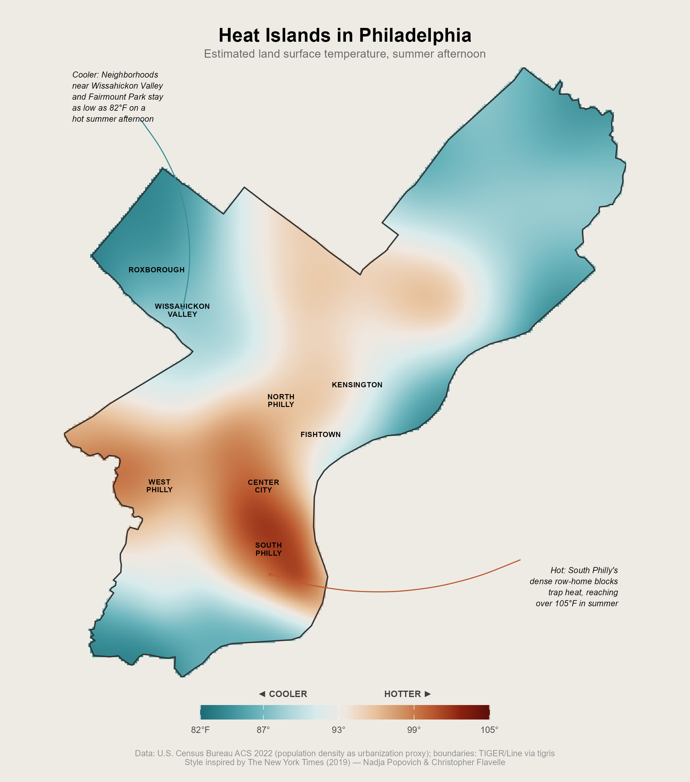 Map of Philadelphia showing estimated land surface temperature on a summer afternoon, with cool teal areas near Wissahickon Valley and hot rust-colored areas in South and West Philadelphia.