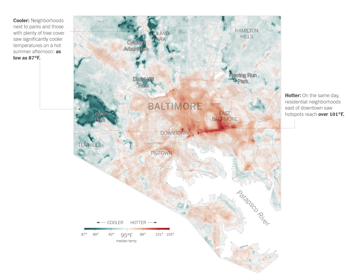 Reference graphic: The New York Times 2019 map of heat islands in Baltimore, showing cooler areas near parks and hotter areas east of downtown.