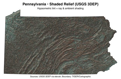 Pennsylvania • Shaded Relief (USGS 3DEP) by Zhanchao Yang