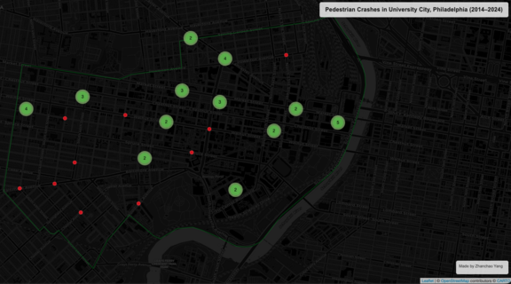 Pedestrian Crashes in University City, Philadelphia (2014–2024) by Zhanchao Yang